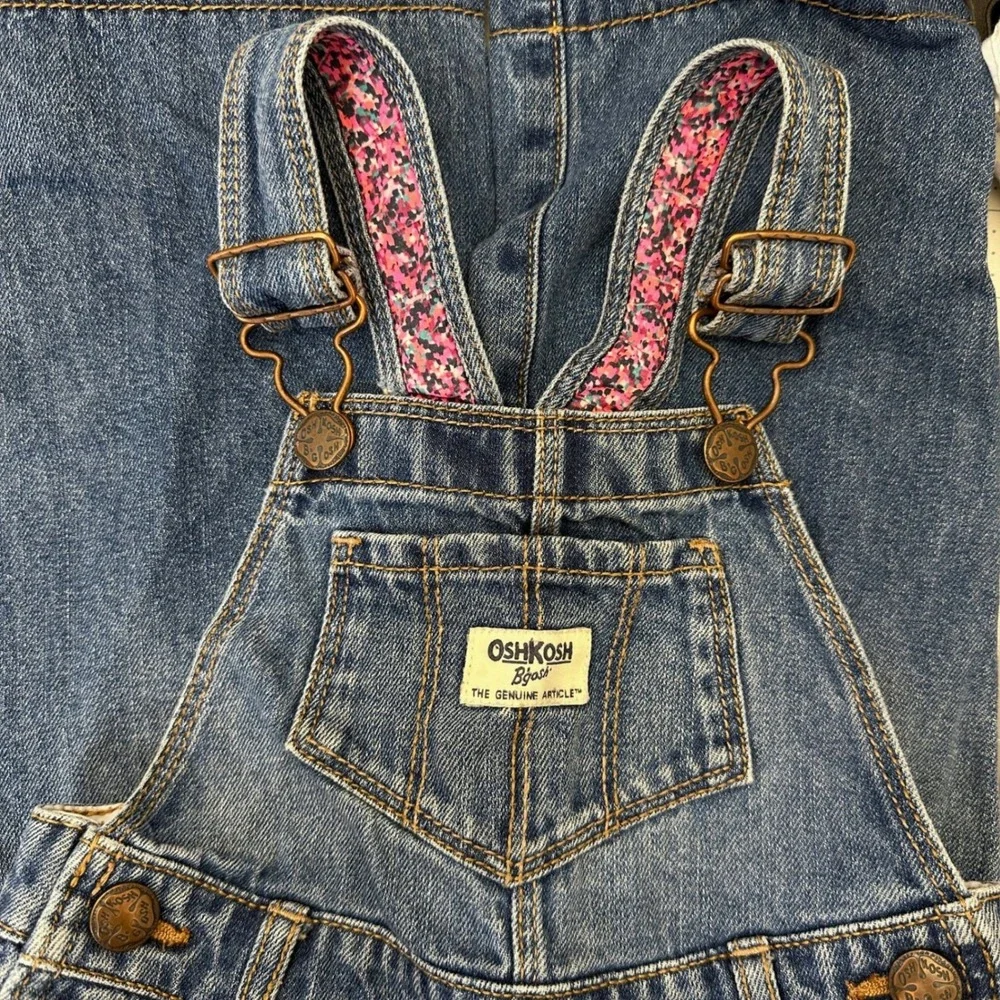 Vintage OshKosh Bgosh Girls Denim Overalls 2T Floral Pink Accent Trim Roll Cuffs